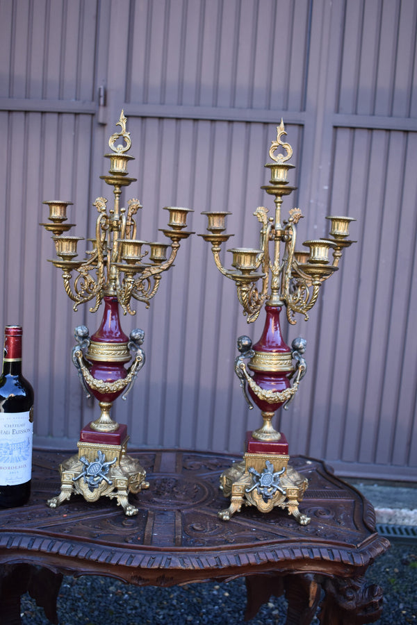 PAIR vintage bronze metal putti cherub figural XL candelabras candle holders set