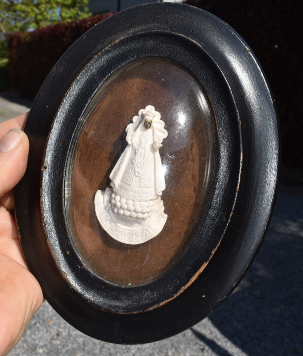 Antique belgian meerschaum carved plaque notre dame de hal black madonna