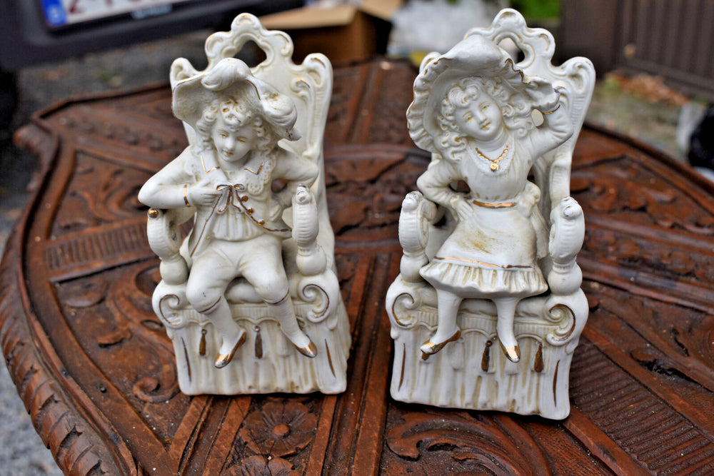 pair vintage 1950 german bisque porcelain boy girl sofa figurine statue