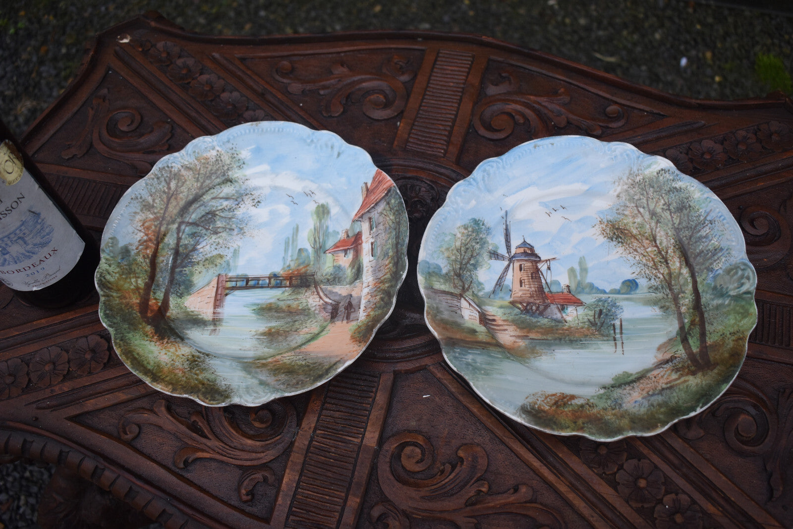 PAIR french hand paint porcelain plate landscape decor with water