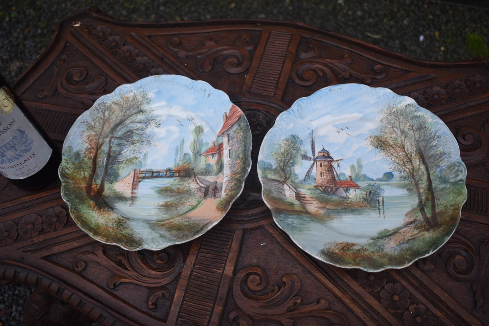PAIR french hand paint porcelain plate landscape decor with water