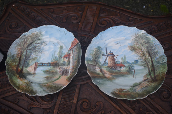 PAIR french hand paint porcelain plate landscape decor with water