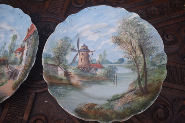 PAIR french hand paint porcelain plate landscape decor with water