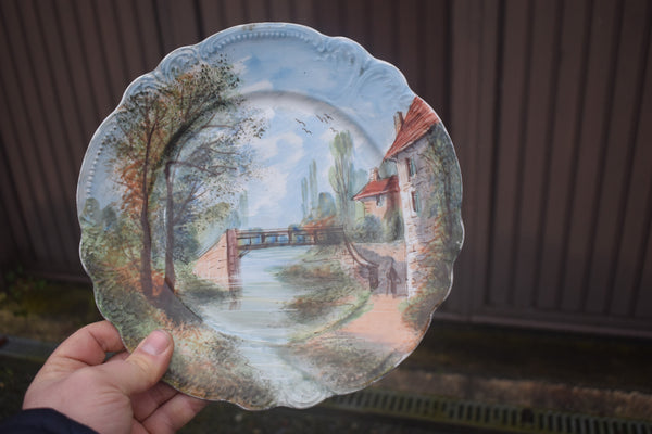 PAIR french hand paint porcelain plate landscape decor with water