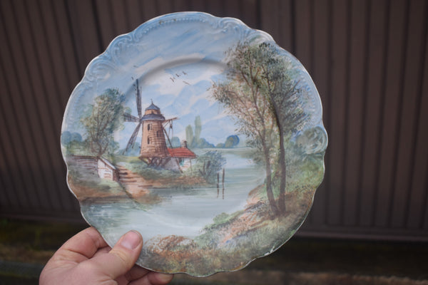 PAIR french hand paint porcelain plate landscape decor with water