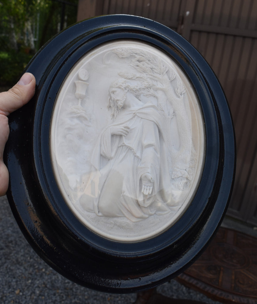 Antique 19thc napoleon III meerschaum carved christ  chalice relief frame plaque
