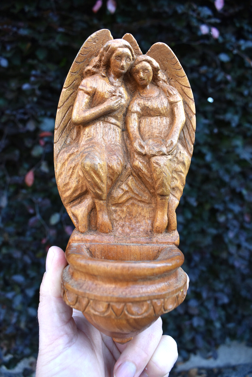 Vintage 1950 wood carved archangel figural holy water font