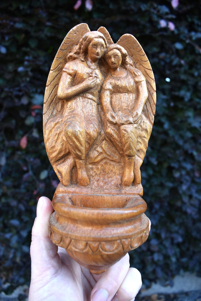 Vintage 1950 wood carved archangel figural holy water font