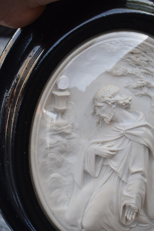 Antique 19thc napoleon III meerschaum carved christ  chalice relief frame plaque