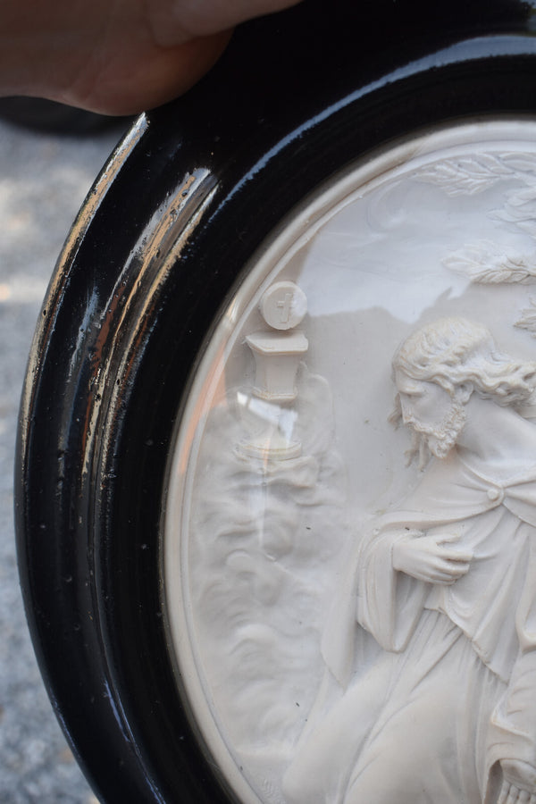 Antique 19thc napoleon III meerschaum carved christ  chalice relief frame plaque