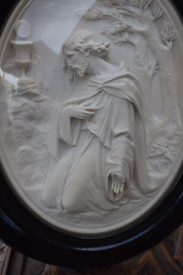 Antique 19thc napoleon III meerschaum carved christ  chalice relief frame plaque