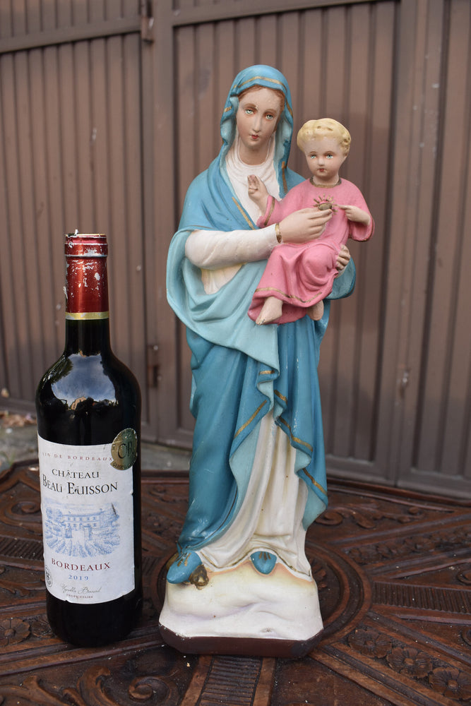 Antique chalk madonna child jesus snake statue