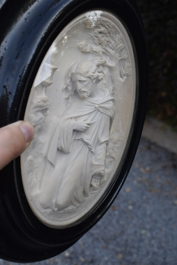 Antique 19thc napoleon III meerschaum carved christ  chalice relief frame plaque