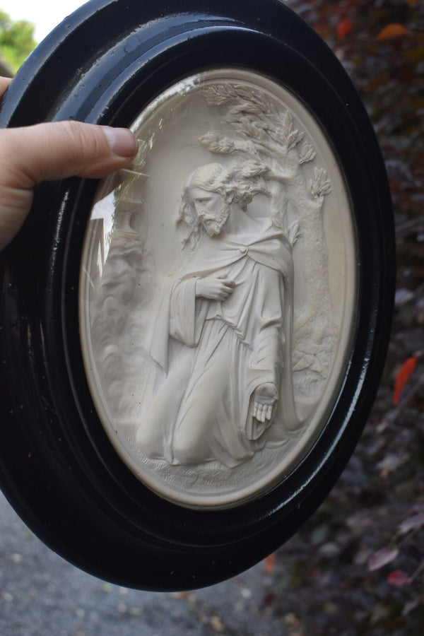 Antique 19thc napoleon III meerschaum carved christ  chalice relief frame plaque