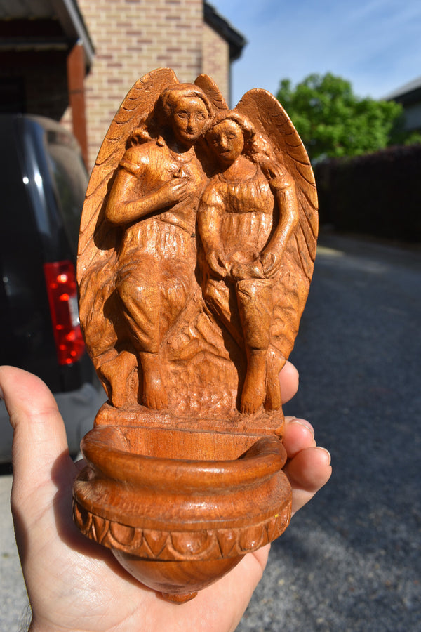 Vintage 1950 wood carved archangel figural holy water font