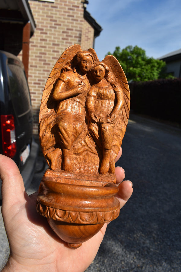 Vintage 1950 wood carved archangel figural holy water font