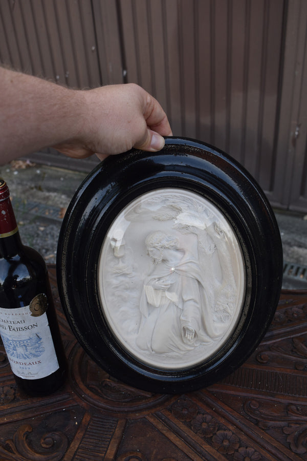 Antique 19thc napoleon III meerschaum carved christ  chalice relief frame plaque