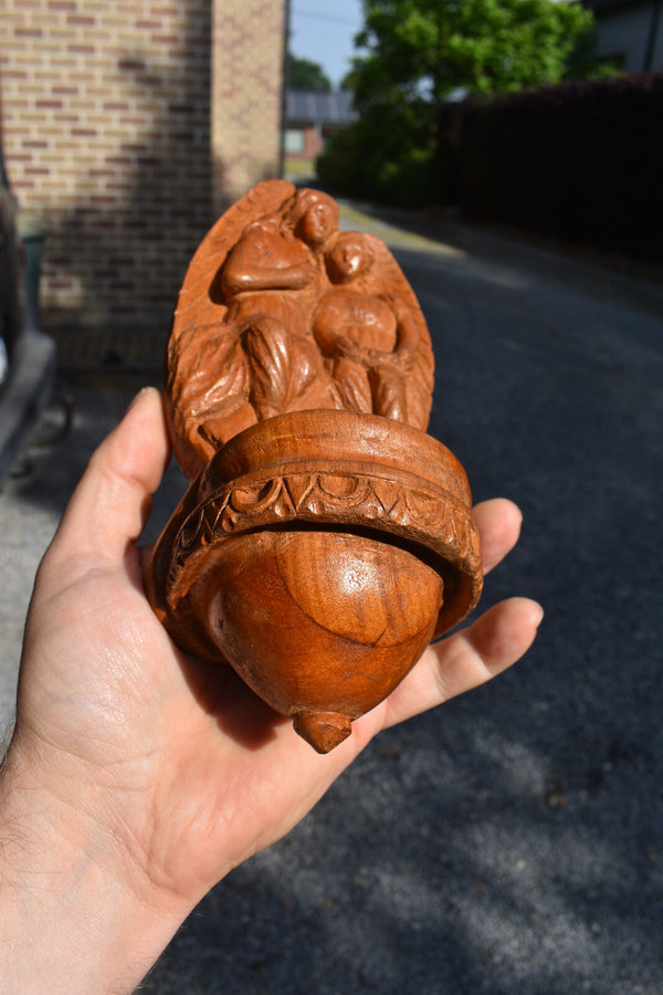 Vintage 1950 wood carved archangel figural holy water font