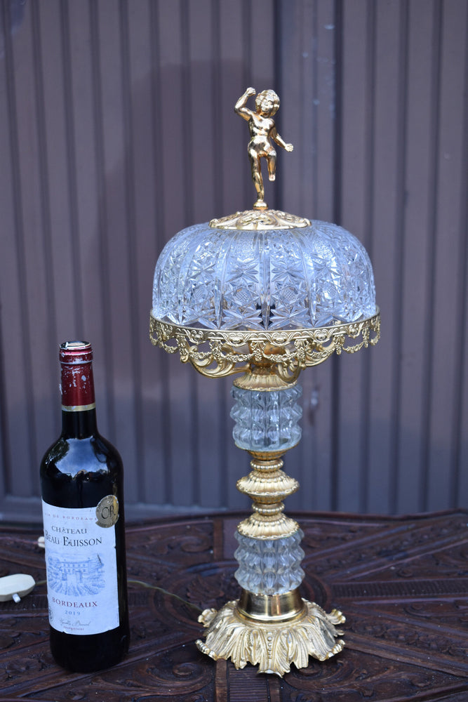 Vintage 1970 crystal glass metal gold gilt table lamp putti cherub figurine