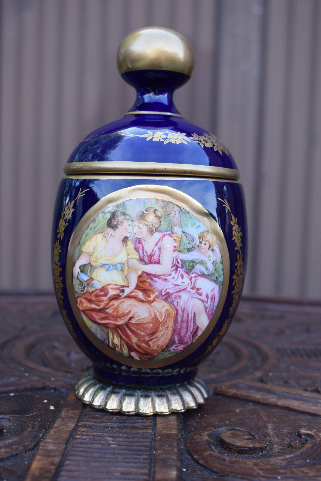 1970 cobalt blue limoges decor porcelain vase box bonbonniere victorian decor