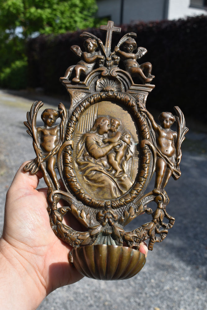 Antique bronze holy water font madonna jesus angels