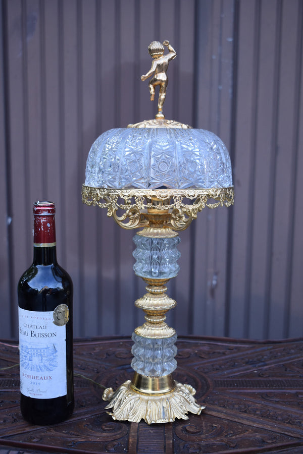 Vintage 1970 crystal glass metal gold gilt table lamp putti cherub figurine
