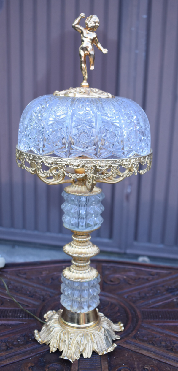 Vintage 1970 crystal glass metal gold gilt table lamp putti cherub figurine