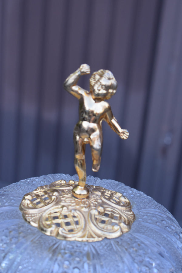 Vintage 1970 crystal glass metal gold gilt table lamp putti cherub figurine