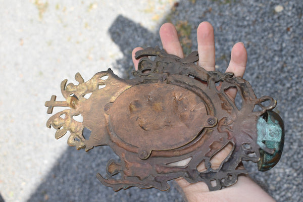 Antique bronze holy water font madonna jesus angels