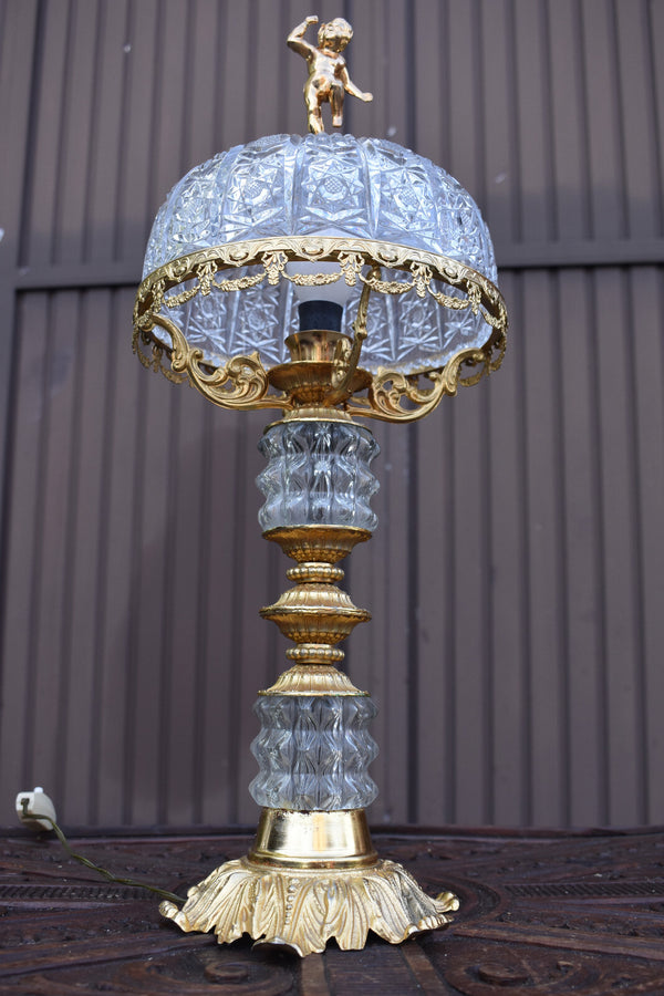 Vintage 1970 crystal glass metal gold gilt table lamp putti cherub figurine