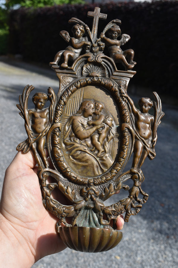 Antique bronze holy water font madonna jesus angels