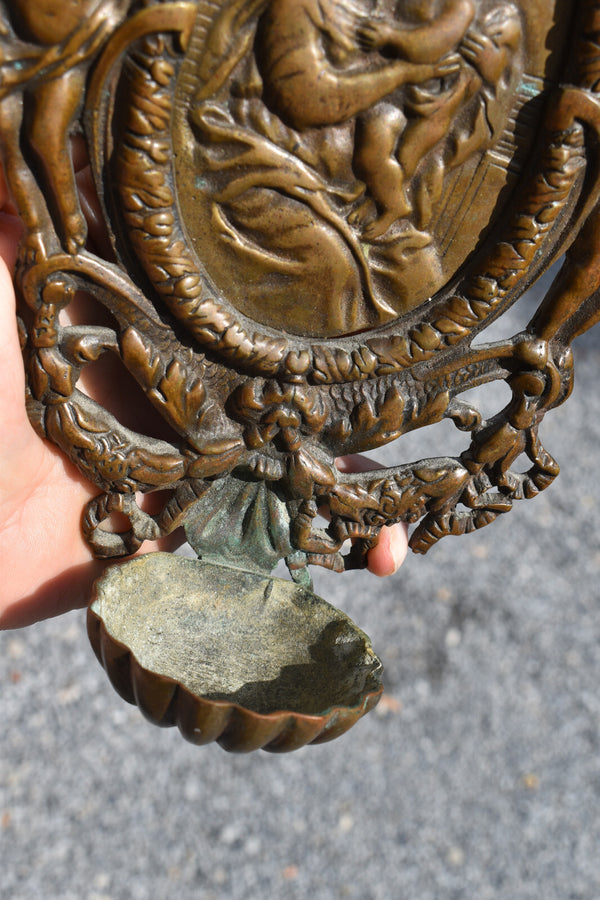 Antique bronze holy water font madonna jesus angels