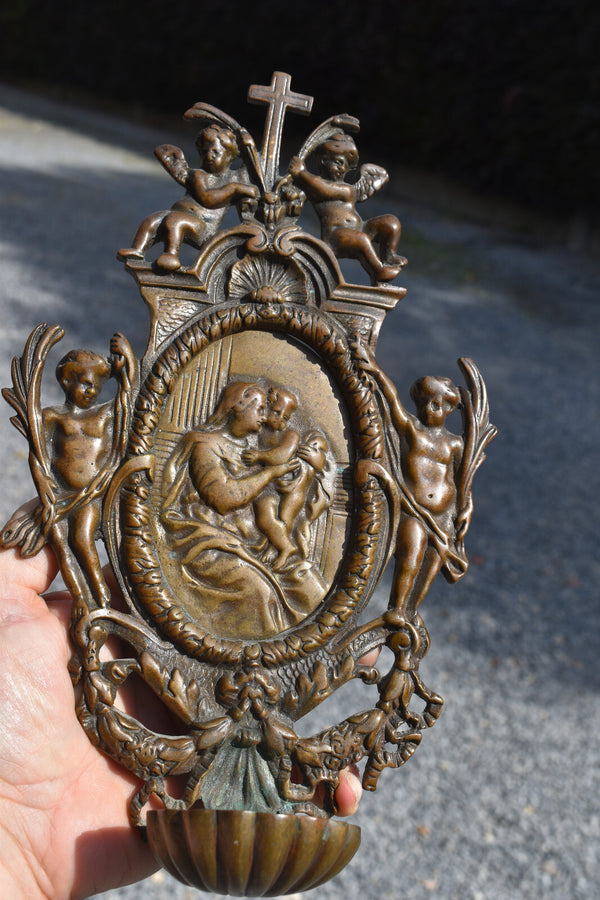Antique bronze holy water font madonna jesus angels