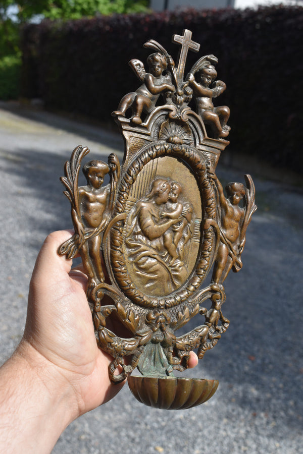 Antique bronze holy water font madonna jesus angels