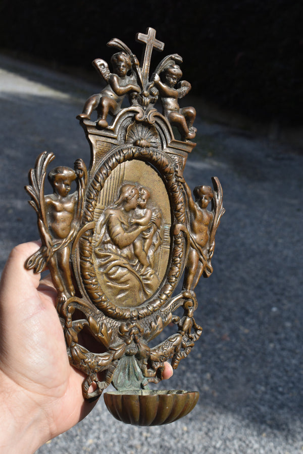 Antique bronze holy water font madonna jesus angels