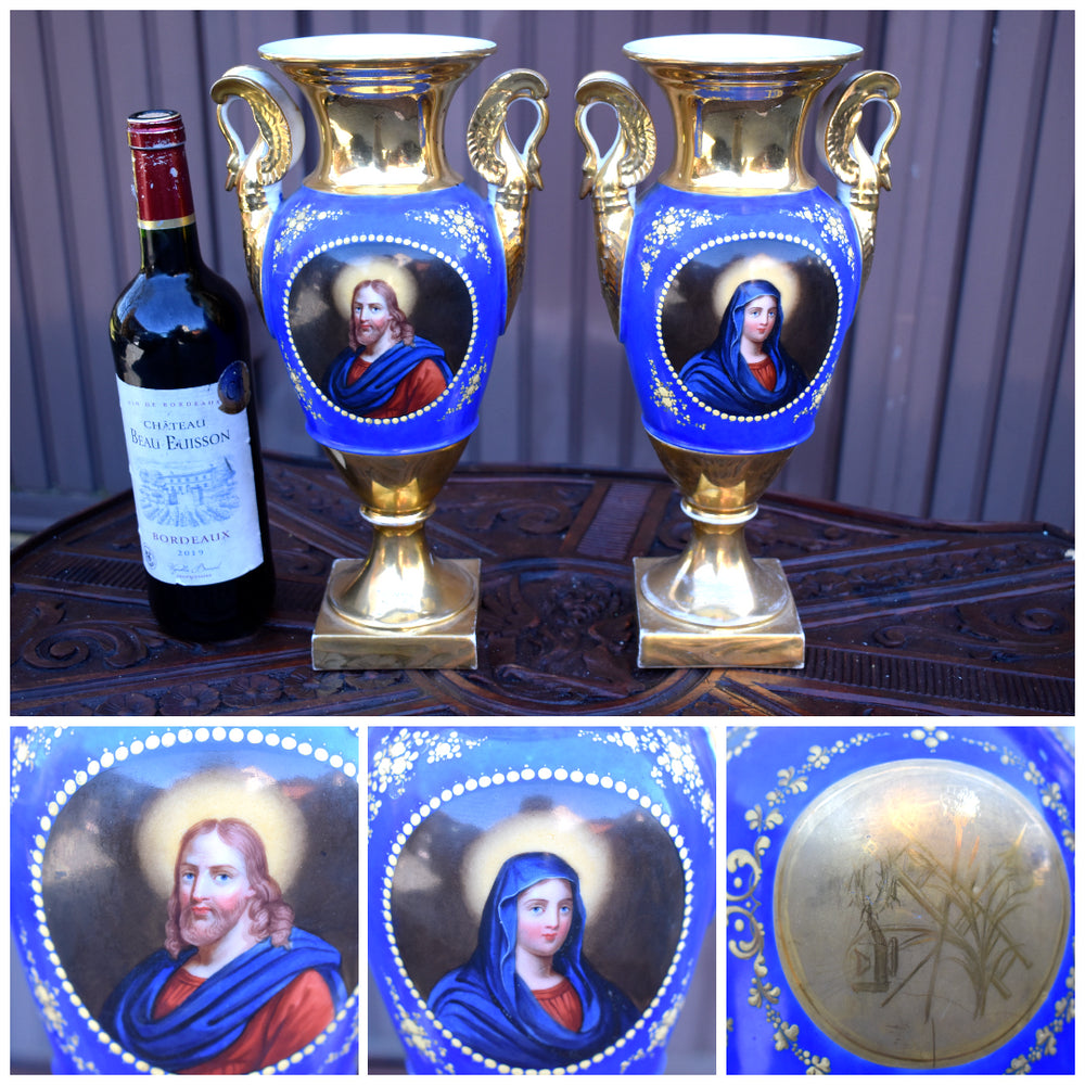 Antique French 19thc vieux paris hand paint jesus mary portrait Vases swans
