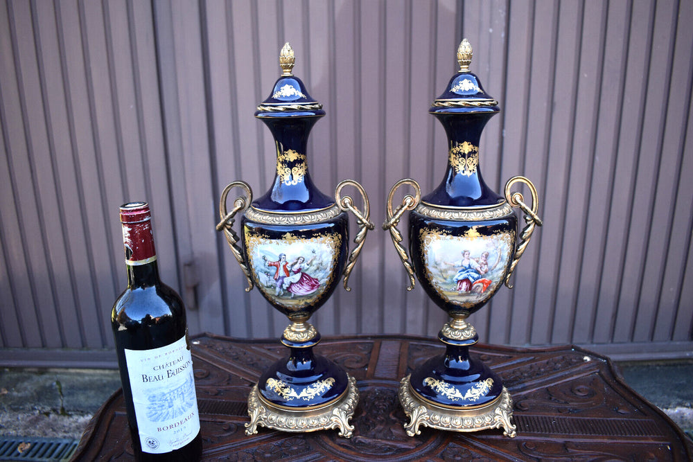 PAIR vintage acf sevres cobalt porcelain vases victorian decor 1970s