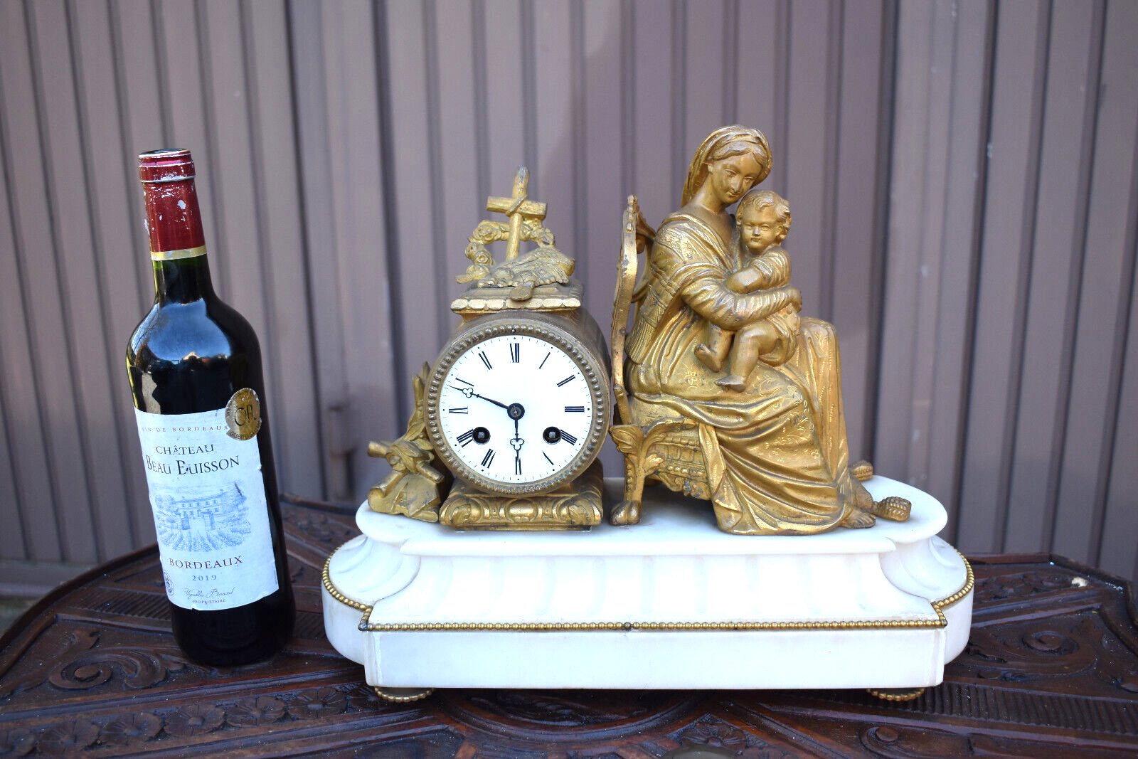 Antique 19thc marble spelter madonna chair religious mantel clock