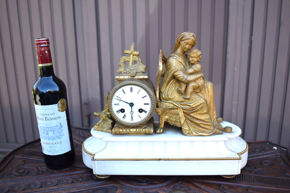 Antique 19thc marble spelter madonna chair religious mantel clock