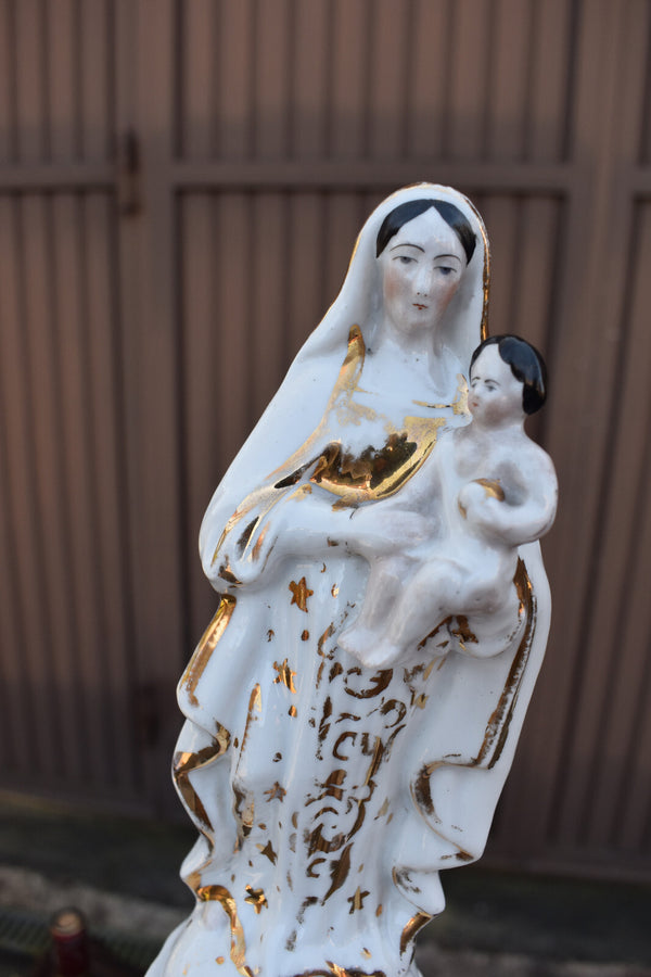 Antique French vieux paris porcelain madonna child statue