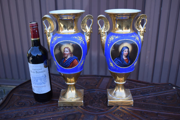 Antique French 19thc vieux paris hand paint jesus mary portrait Vases swans