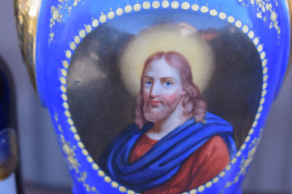 Antique French 19thc vieux paris hand paint jesus mary portrait Vases swans