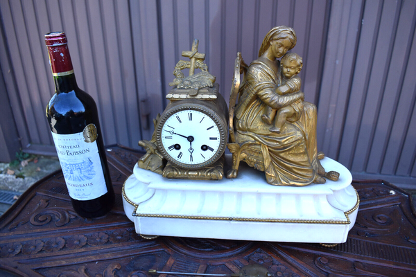 Antique 19thc marble spelter madonna chair religious mantel clock