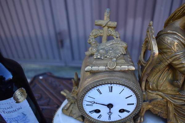 Antique 19thc marble spelter madonna chair religious mantel clock