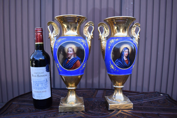 Antique French 19thc vieux paris hand paint jesus mary portrait Vases swans