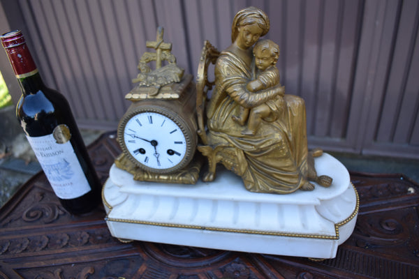 Antique 19thc marble spelter madonna chair religious mantel clock