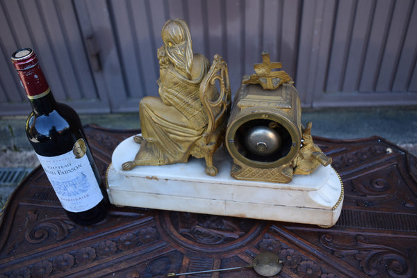 Antique 19thc marble spelter madonna chair religious mantel clock