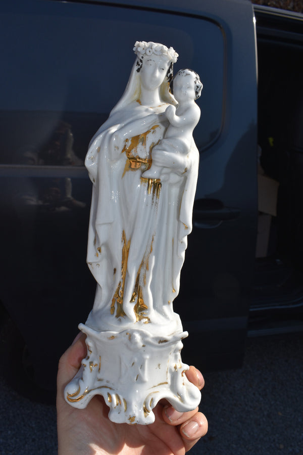 Antique French vieux paris porcelain madonna child statue
