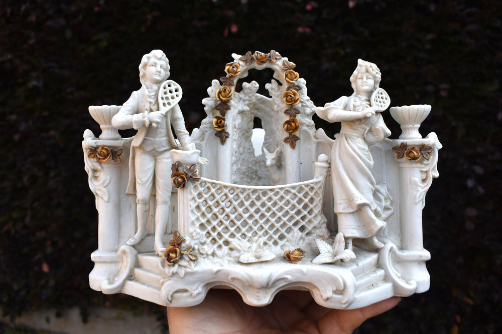 Antique german bisque porcelain planter vase figurine tennis racket statue