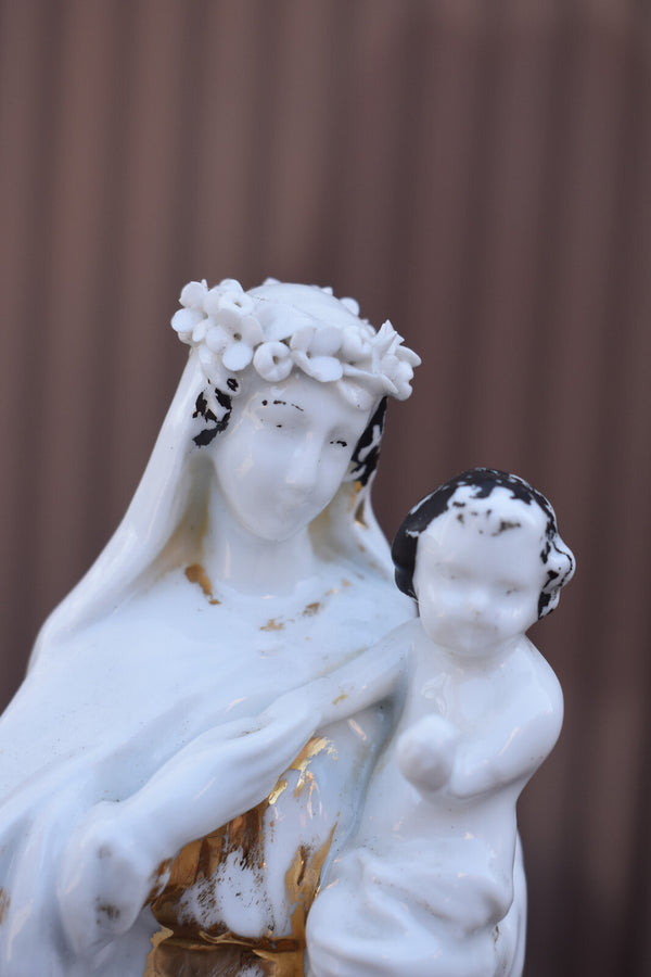 Antique French vieux paris porcelain madonna child statue